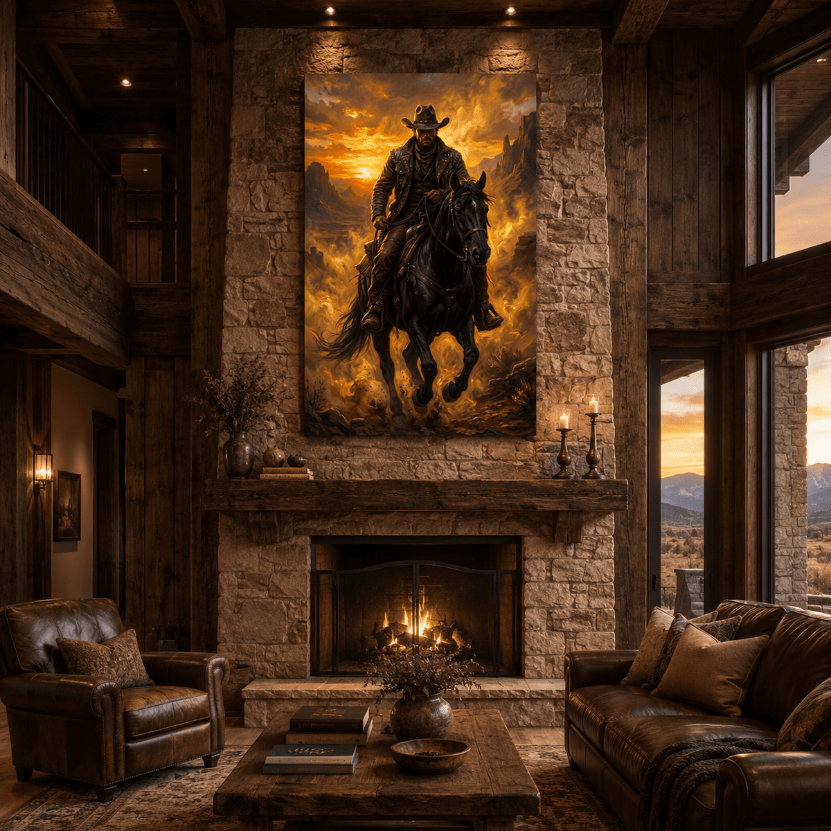 Legend of the Frontier Cowboy Canvas Wall Art – Dramatic Western Horse & Desert Sunset Artwork - ART OF ROYALS
