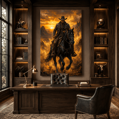 Legend of the Frontier Cowboy Canvas Wall Art – Dramatic Western Horse & Desert Sunset Artwork - ART OF ROYALS
