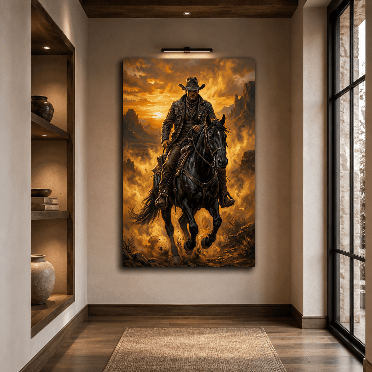Legend of the Frontier Cowboy Canvas Wall Art – Dramatic Western Horse & Desert Sunset Artwork - ART OF ROYALS