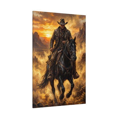 Legend of the Frontier Cowboy Canvas Wall Art – Dramatic Western Horse & Desert Sunset Artwork - ART OF ROYALS