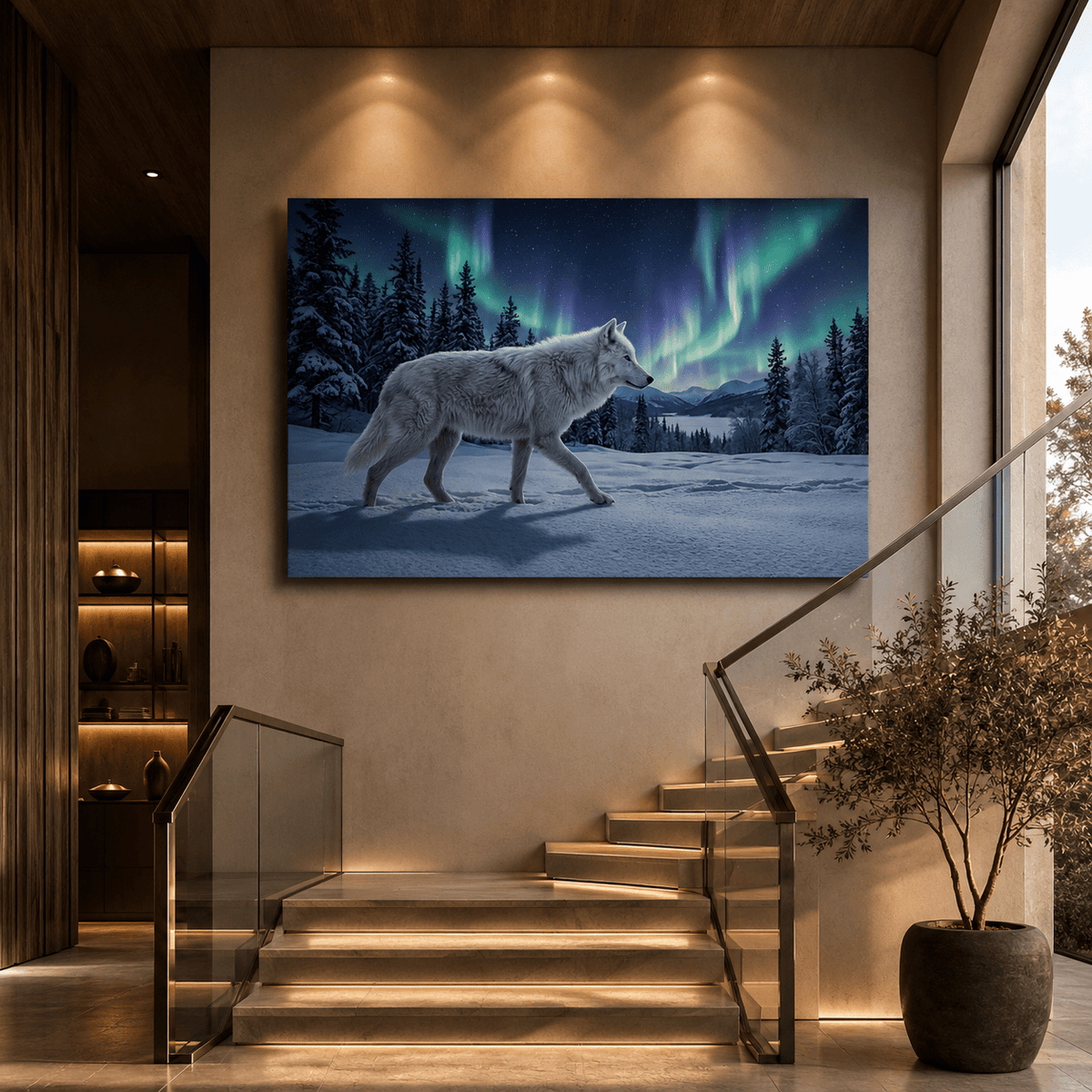 Lone Wolf Under Northern Lights Canvas Wall Art – Arctic Winter Wilderness Decor - ART OF ROYALS
