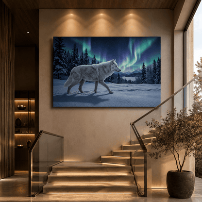 Lone Wolf Under Northern Lights Canvas Wall Art – Arctic Winter Wilderness Decor - ART OF ROYALS