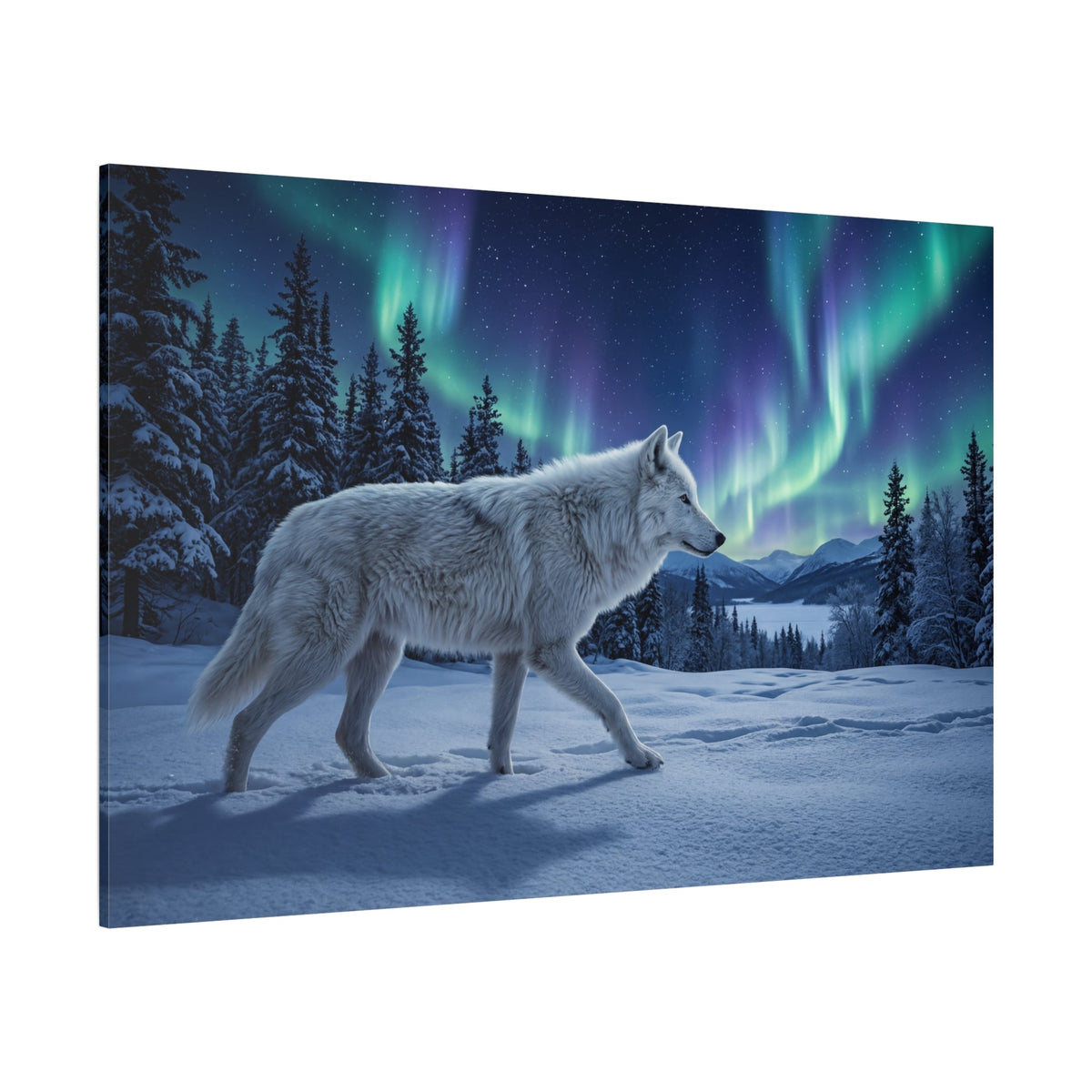 Lone Wolf Under Northern Lights Canvas Wall Art – Arctic Winter Wilderness Decor - ART OF ROYALS