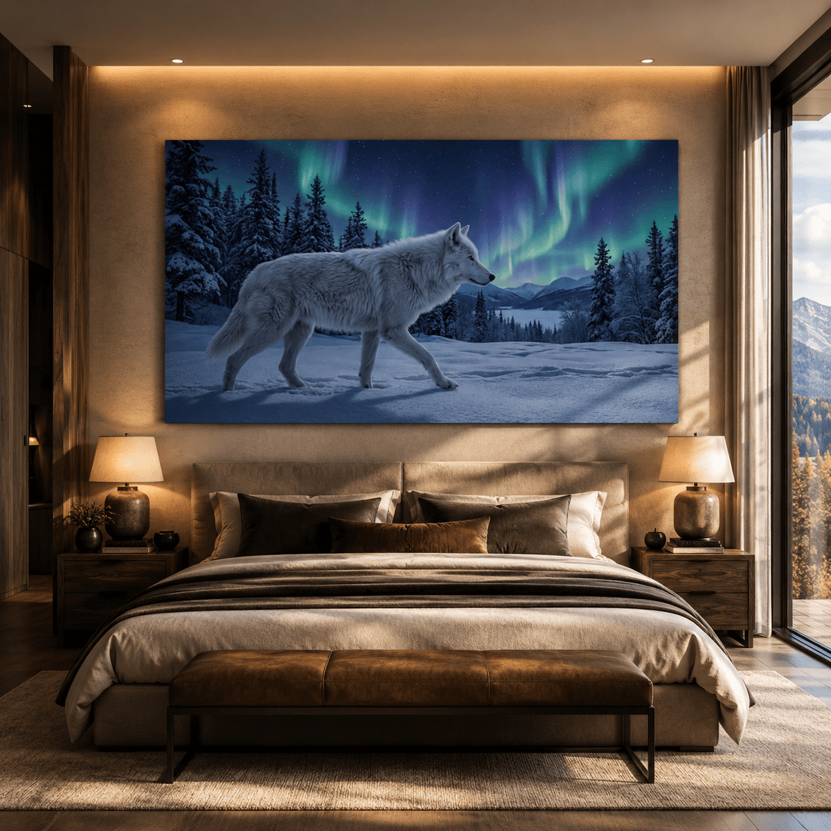 Lone Wolf Under Northern Lights Canvas Wall Art – Arctic Winter Wilderness Decor - ART OF ROYALS
