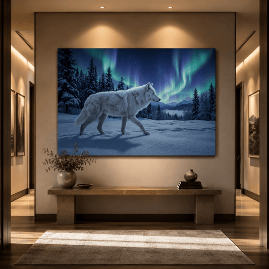Lone Wolf Under Northern Lights Canvas Wall Art – Arctic Winter Wilderness Decor - ART OF ROYALS