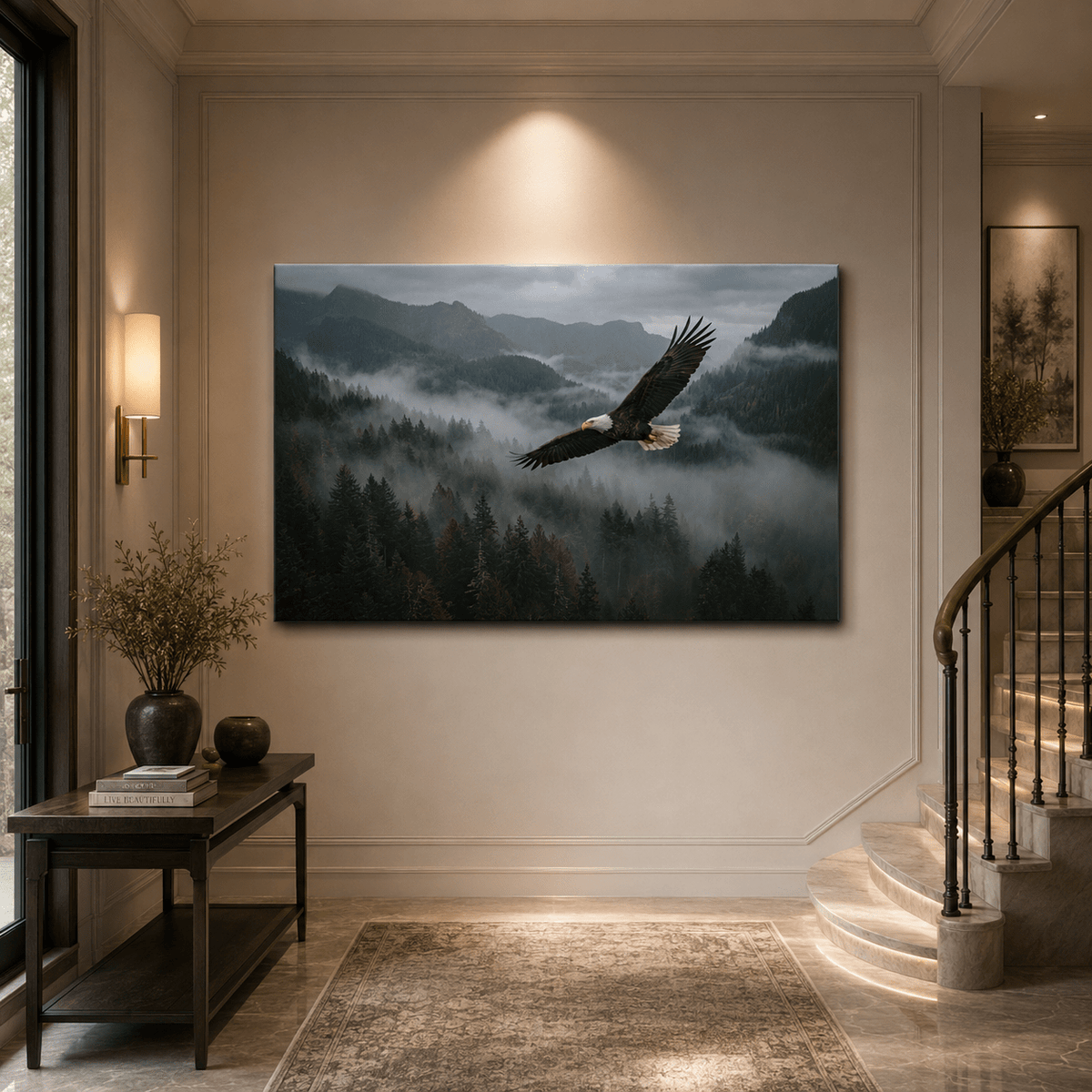 Majestic Bald Eagle Canvas Wall Art – Misty Mountain Forest Wildlife Decor - ART OF ROYALS