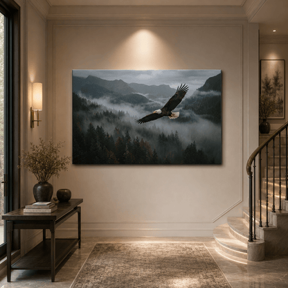 Majestic Bald Eagle Canvas Wall Art – Misty Mountain Forest Wildlife Decor - ART OF ROYALS