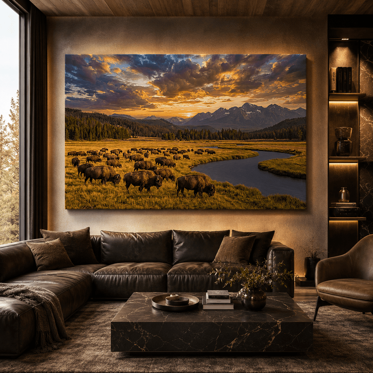 Majestic Bison Herd at Sunset Canvas Wall Art – Mountain River Wilderness Landscape Decor - ART OF ROYALS