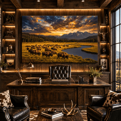 Majestic Bison Herd at Sunset Canvas Wall Art – Mountain River Wilderness Landscape Decor - ART OF ROYALS