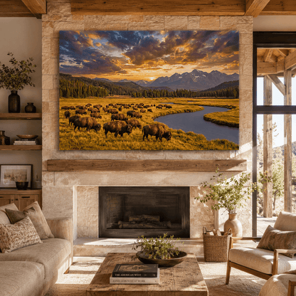Majestic Bison Herd at Sunset Canvas Wall Art – Mountain River Wilderness Landscape Decor - ART OF ROYALS