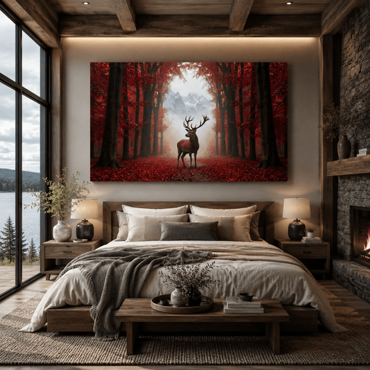 Majestic Deer Canvas Wall Art – Red Autumn Forest Woodland Decor - ART OF ROYALS