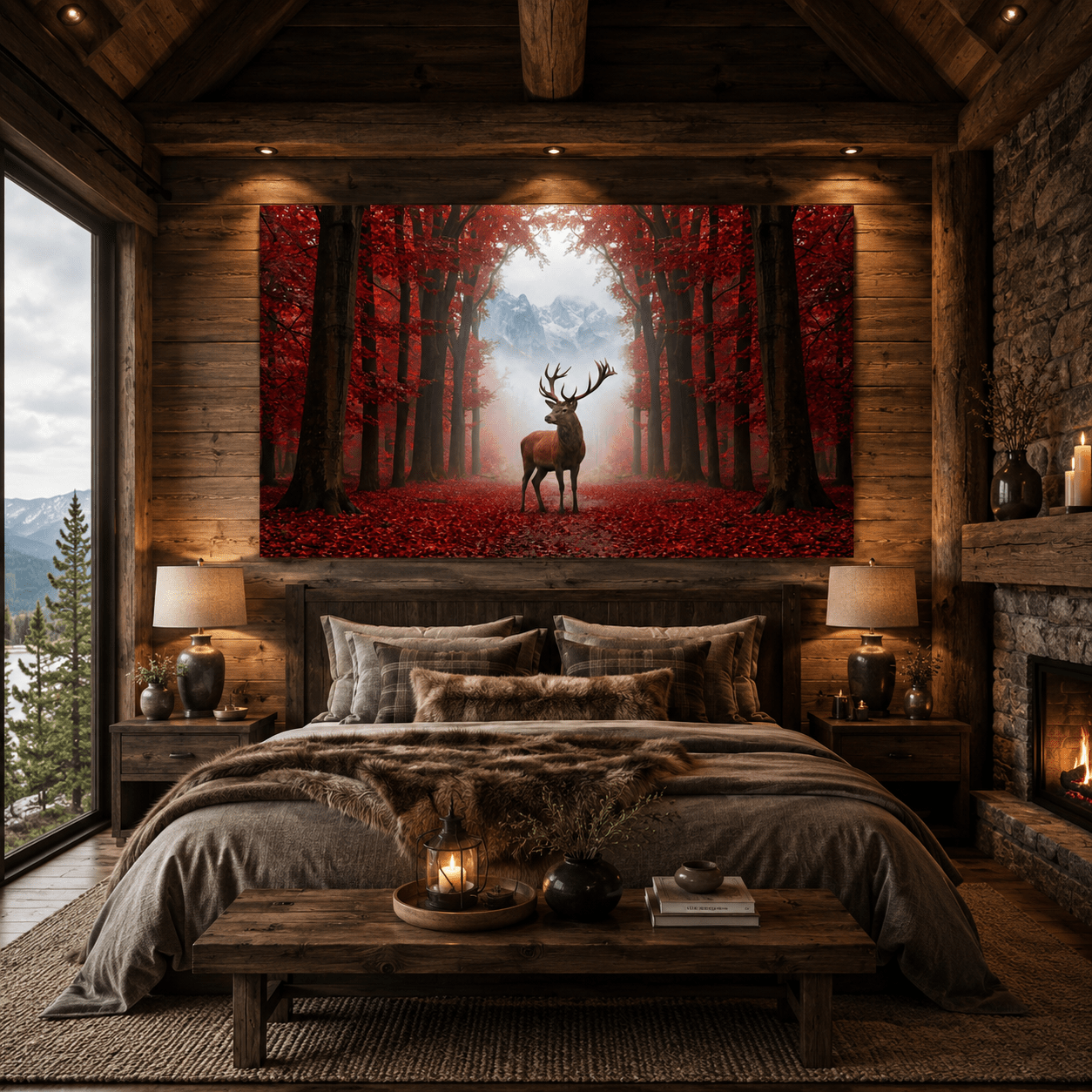 Majestic Deer in Red Autumn Forest Serene Woodland Canvas Wall Art