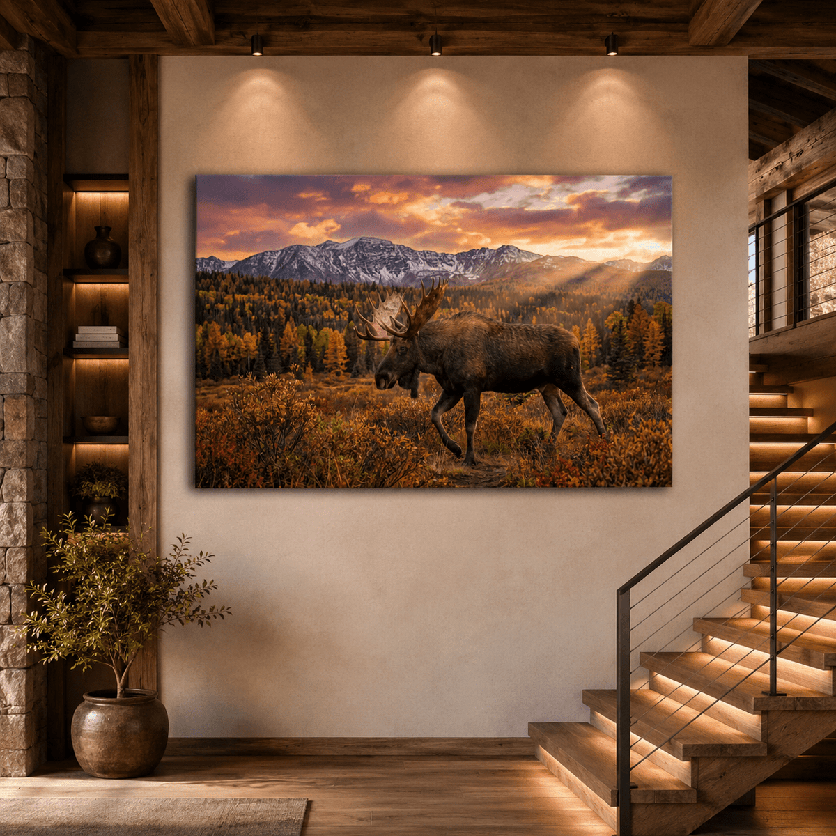Majestic Moose in Autumn Wilderness Canvas Wall Art – Mountain Sunset Wildlife Decor - ART OF ROYALS