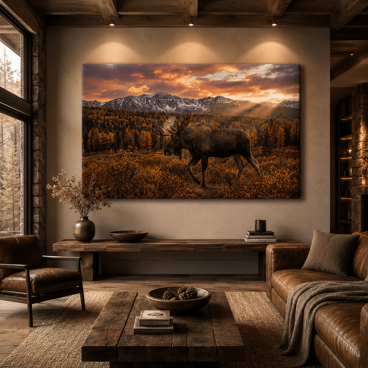 Majestic Moose in Autumn Wilderness Canvas Wall Art – Mountain Sunset Wildlife Decor - ART OF ROYALS