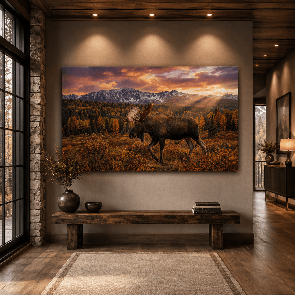 Majestic Moose in Autumn Wilderness Canvas Wall Art – Mountain Sunset Wildlife Decor - ART OF ROYALS
