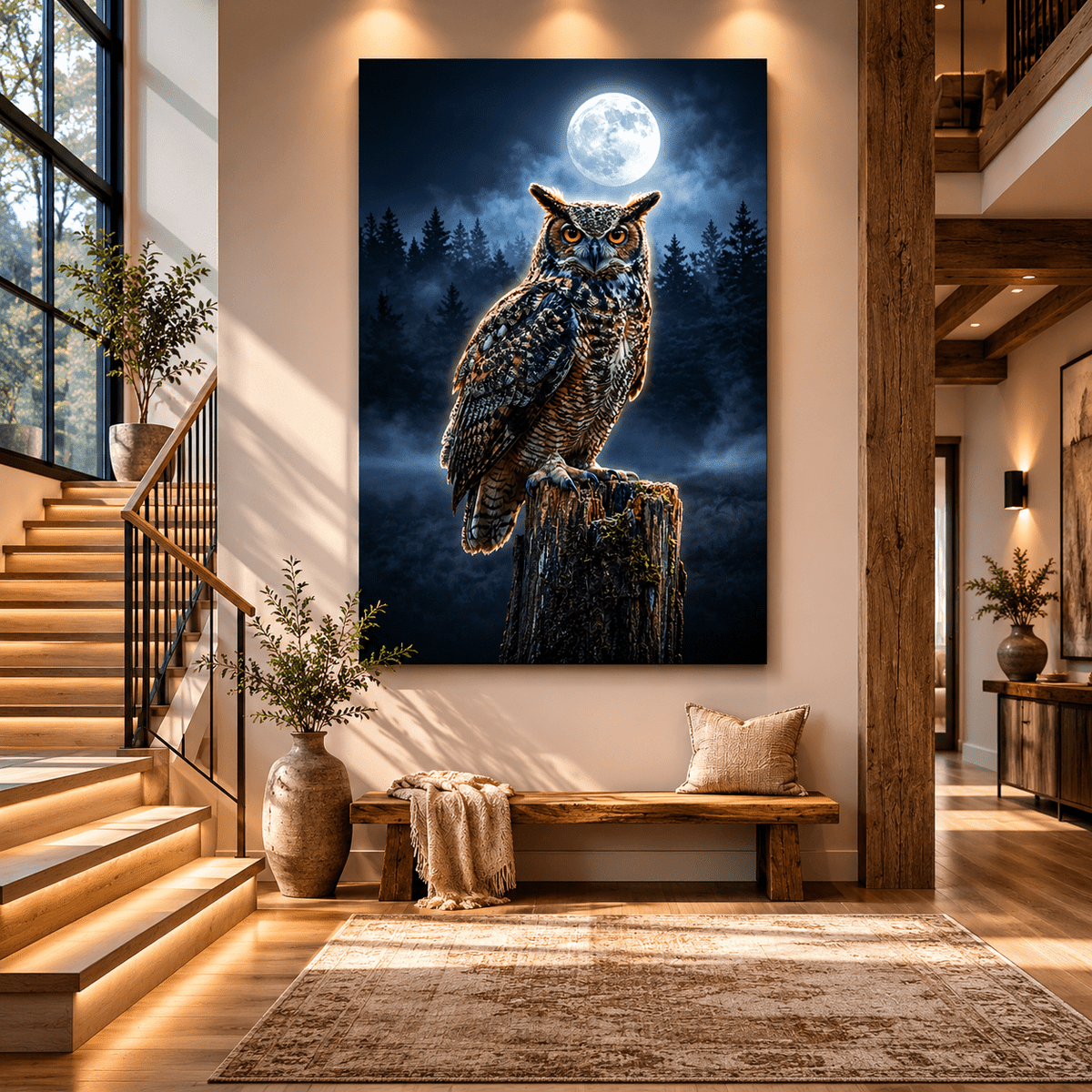 Majestic Owl Under Full Moon Canvas Wall Art – Mystical Night Wildlife Decor - ART OF ROYALS