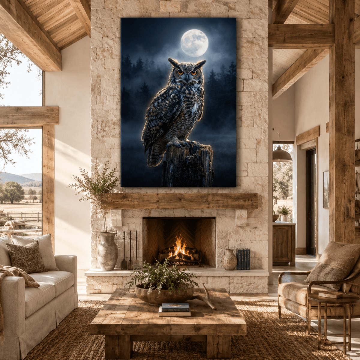 Majestic Owl Under Full Moon Canvas Wall Art – Mystical Night Wildlife Decor - ART OF ROYALS