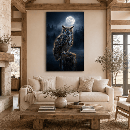 Majestic Owl Under Full Moon Canvas Wall Art – Mystical Night Wildlife Decor - ART OF ROYALS