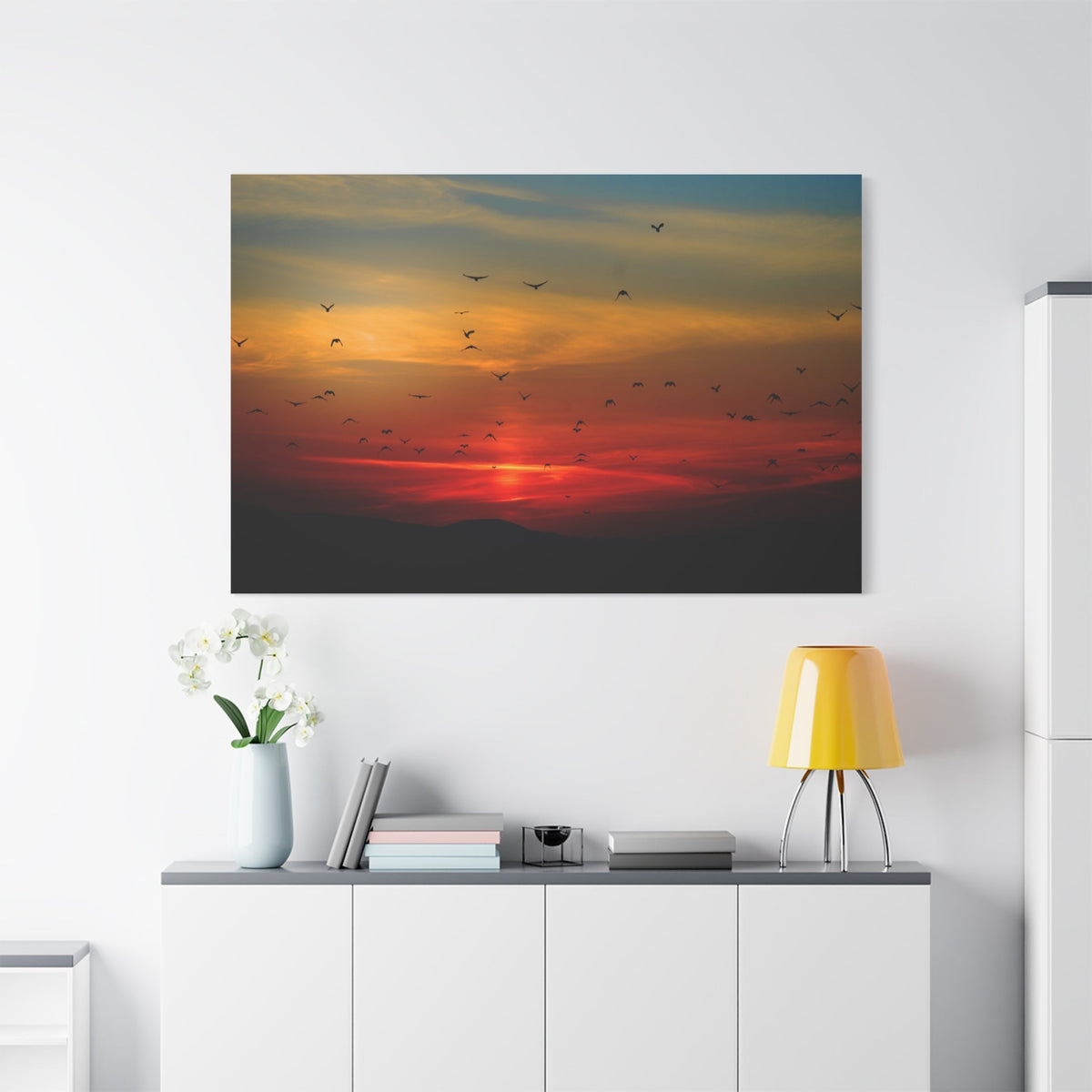 Majestic Peaks – Birds in Flight Over Sunset Mountains - ART OF ROYALS