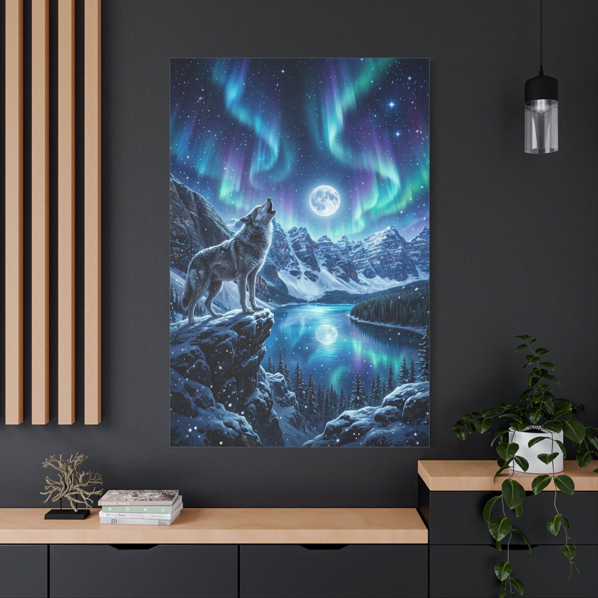 Majestic Wolf Under Northern Lights Canvas Wall Art – Snowy Mountain Night Wildlife Decor - ART OF ROYALS