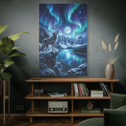 Majestic Wolf Under Northern Lights Canvas Wall Art – Snowy Mountain Night Wildlife Decor - ART OF ROYALS