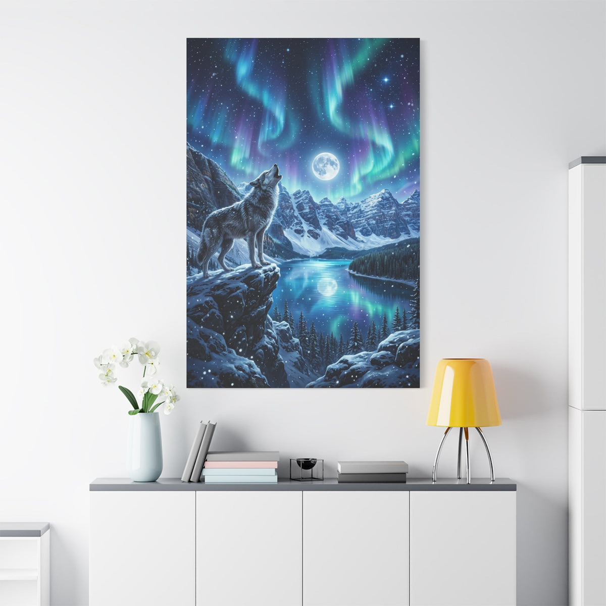 Majestic Wolf Under Northern Lights Canvas Wall Art – Snowy Mountain Night Wildlife Decor - ART OF ROYALS