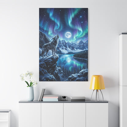 Majestic Wolf Under Northern Lights Canvas Wall Art – Snowy Mountain Night Wildlife Decor - ART OF ROYALS