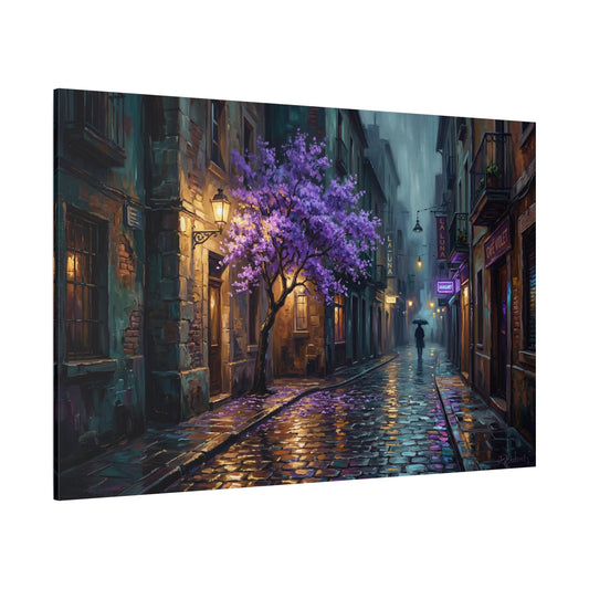 Midnight Bloom Lavender Rain Canvas Wall Art – Moody Urban Night Street Decor for Modern Interiors - ART OF ROYALS
