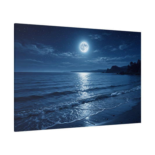 Midnight Ocean Glow Full Moon Beach Canvas Wall Art – Serene Moonlit Ocean Landscape Decor - ART OF ROYALS