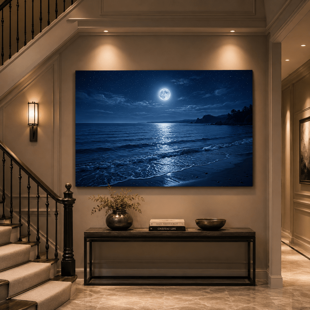 Midnight Ocean Glow Full Moon Beach Canvas Wall Art – Serene Moonlit Ocean Landscape Decor - ART OF ROYALS