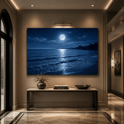 Midnight Ocean Glow Full Moon Beach Canvas Wall Art – Serene Moonlit Ocean Landscape Decor - ART OF ROYALS