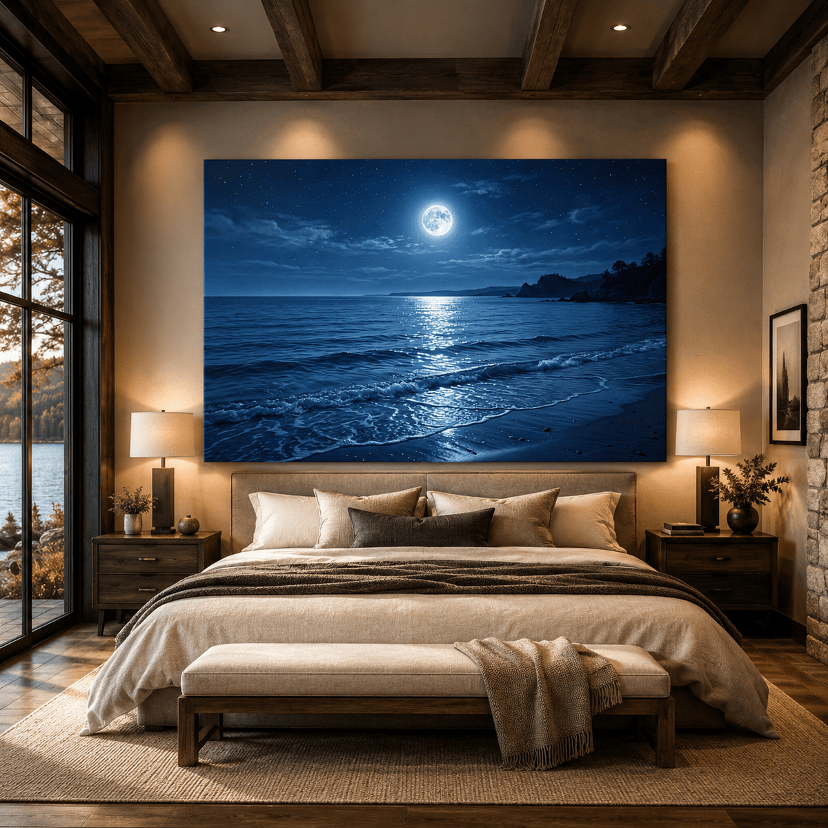 Midnight Ocean Glow Full Moon Beach Canvas Wall Art – Serene Moonlit Ocean Landscape Decor - ART OF ROYALS