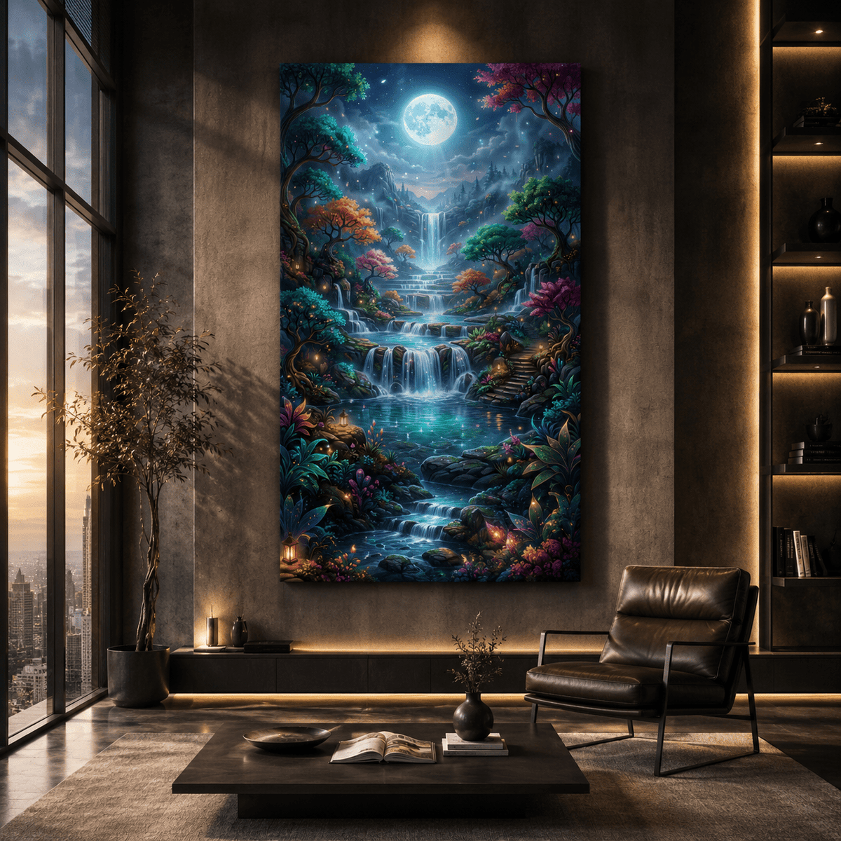 Moonlit Enchanted Falls Canvas Wall Art – Dreamlike Fantasy Waterfall Landscape Decor - ART OF ROYALS