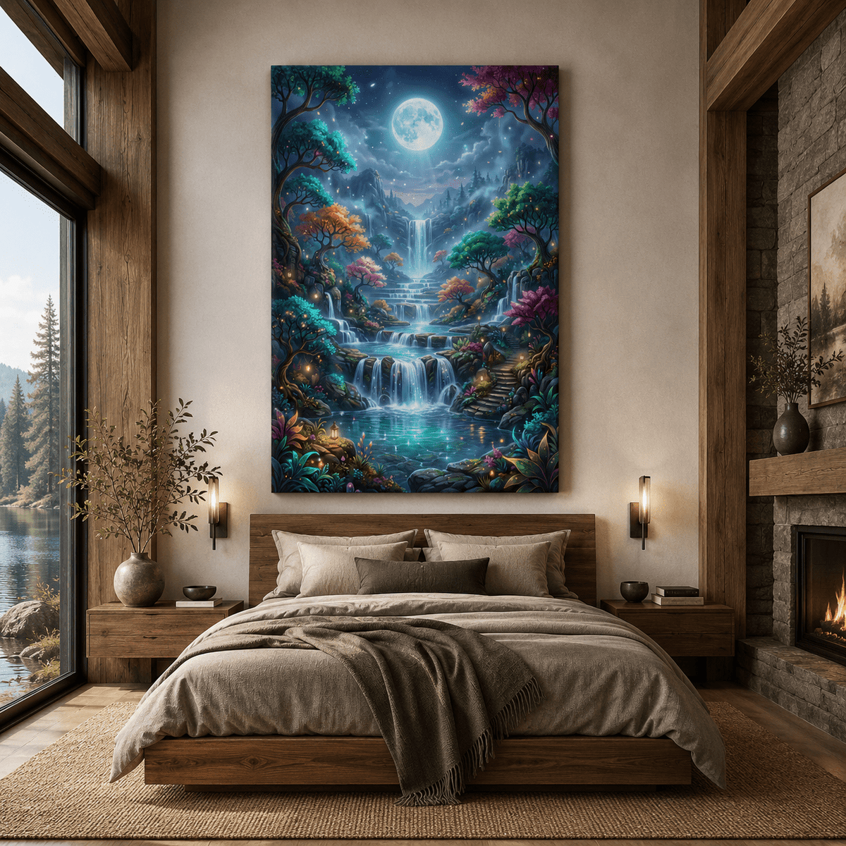 Moonlit Enchanted Falls Canvas Wall Art – Dreamlike Fantasy Waterfall Landscape Decor - ART OF ROYALS