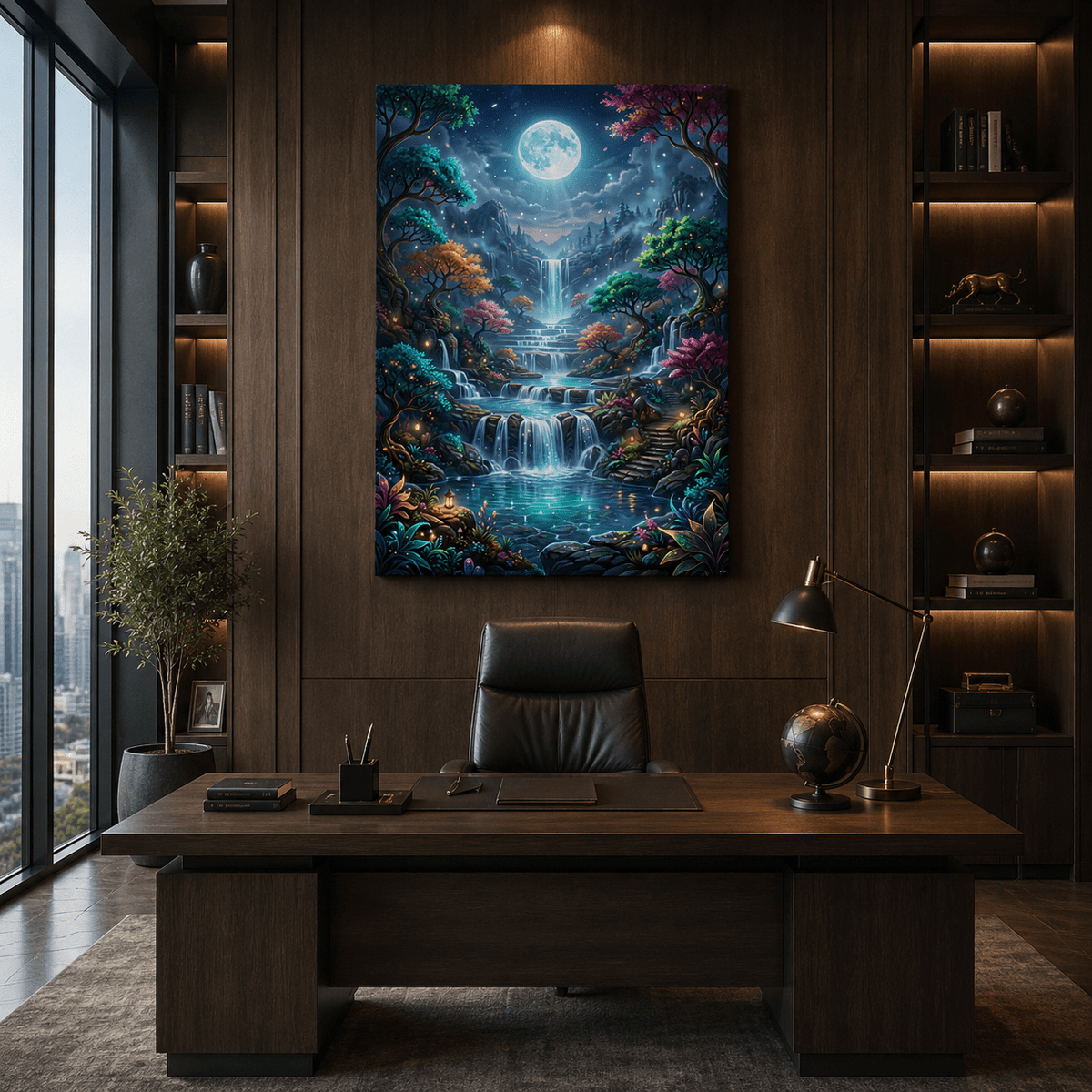 Moonlit Enchanted Falls Canvas Wall Art – Dreamlike Fantasy Waterfall Landscape Decor - ART OF ROYALS