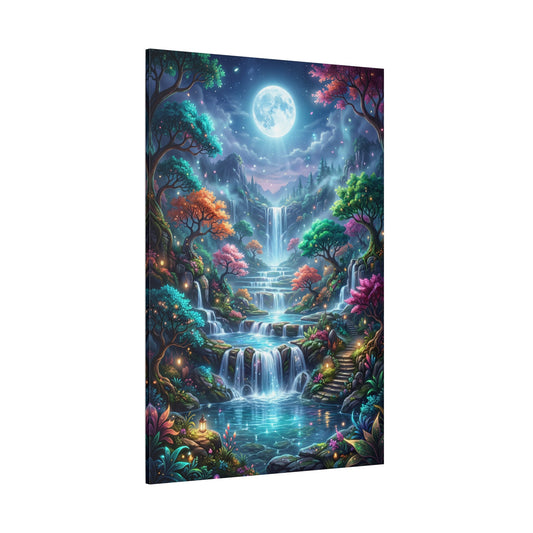 Moonlit Enchanted Falls Canvas Wall Art – Dreamlike Fantasy Waterfall Landscape Decor - ART OF ROYALS