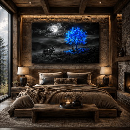 Moonlit Guardians Wolves and Glowing Blue Tree Canvas Wall Art – Mystical Fantasy Wolf Decor - ART OF ROYALS