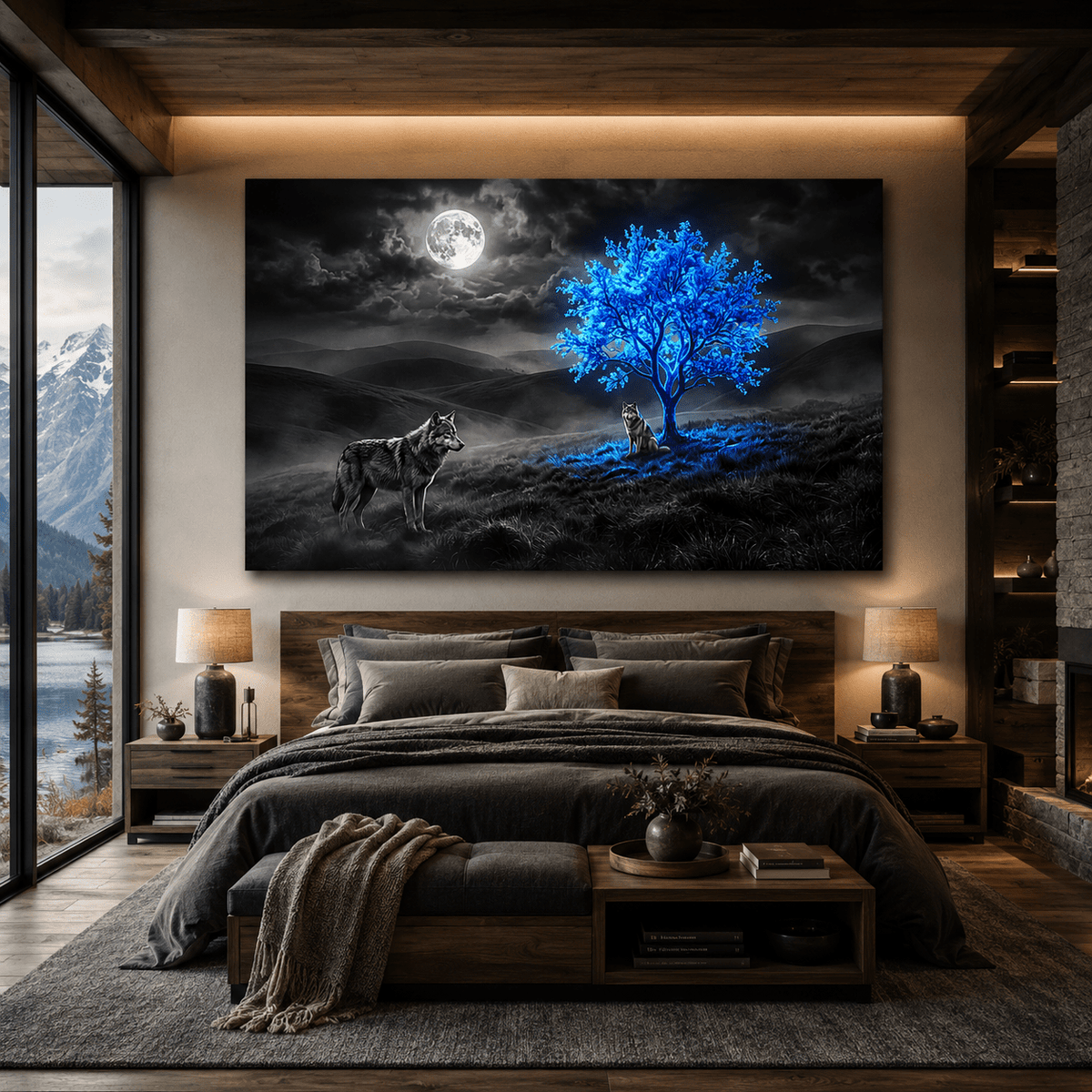 Moonlit Guardians Wolves and Glowing Blue Tree Canvas Wall Art – Mystical Fantasy Wolf Decor - ART OF ROYALS