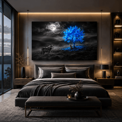Moonlit Guardians Wolves and Glowing Blue Tree Canvas Wall Art – Mystical Fantasy Wolf Decor - ART OF ROYALS