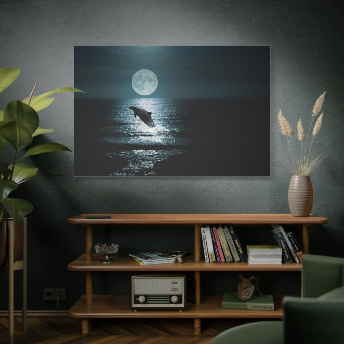 Moonlit Serenity – Dreamy Dolphin Seascape at Night Canvas Wall Art - ART OF ROYALS