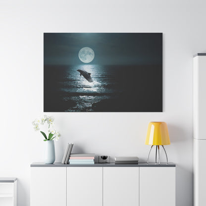 Moonlit Serenity – Dreamy Dolphin Seascape at Night Canvas Wall Art - ART OF ROYALS