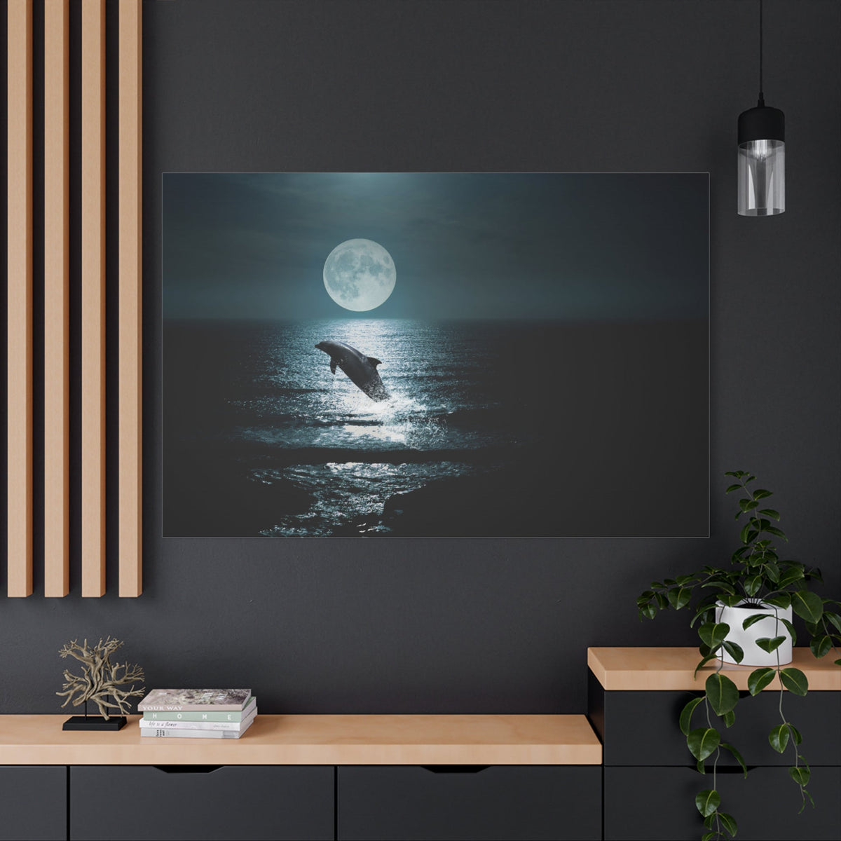 Moonlit Serenity – Dreamy Dolphin Seascape at Night Canvas Wall Art - ART OF ROYALS