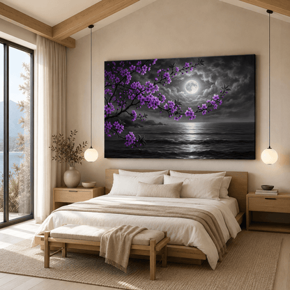 Moonlit Serenity Purple Blossom Ocean Night Canvas Wall Art – Full Moon Coastal Floral Decor - ART OF ROYALS