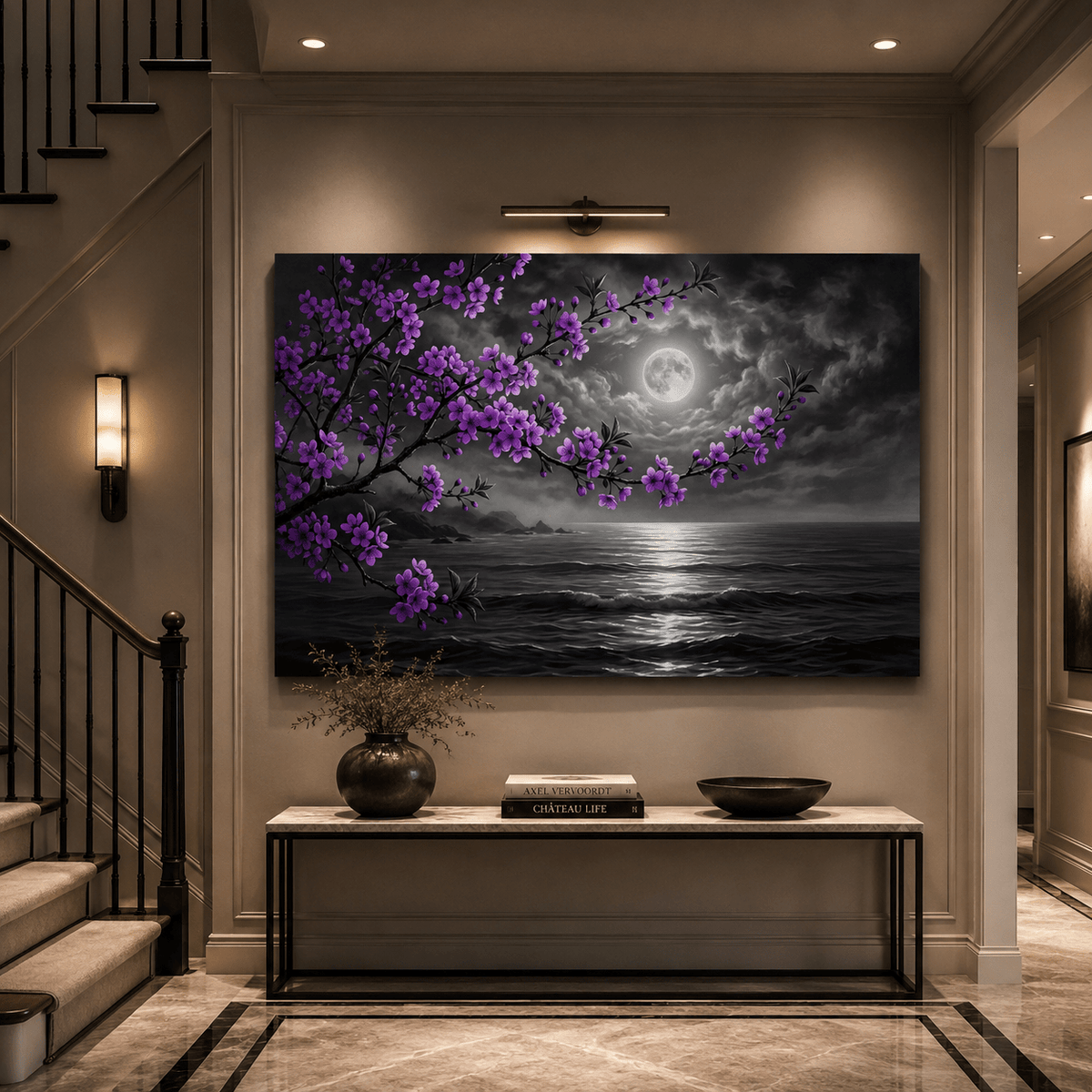 Moonlit Serenity Purple Blossom Ocean Night Canvas Wall Art – Full Moon Coastal Floral Decor - ART OF ROYALS