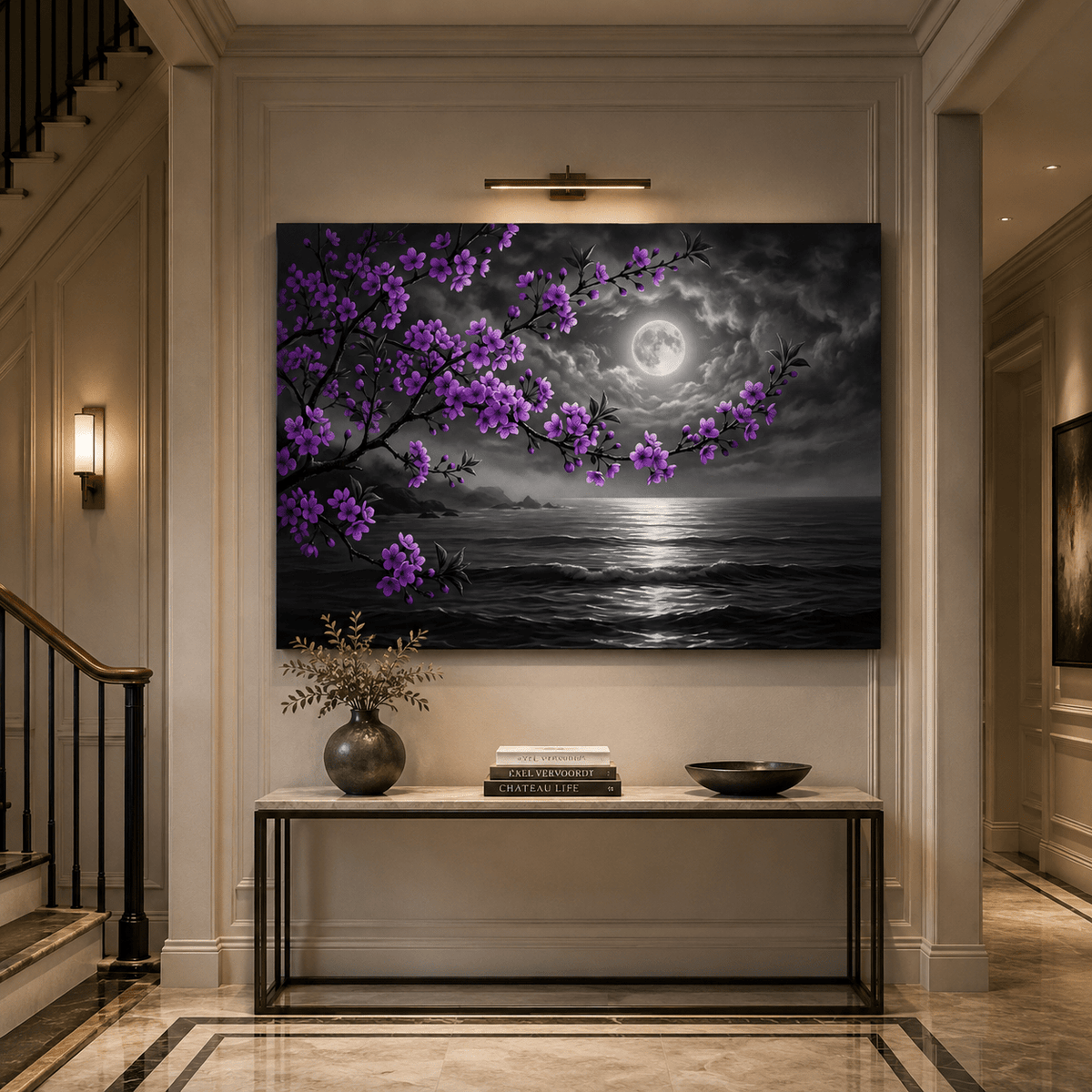 Moonlit Serenity Purple Blossom Ocean Night Canvas Wall Art – Full Moon Coastal Floral Decor - ART OF ROYALS