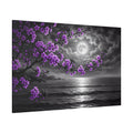 Moonlit Serenity Purple Blossom Ocean Night Canvas Wall Art – Full Moon Coastal Floral Decor