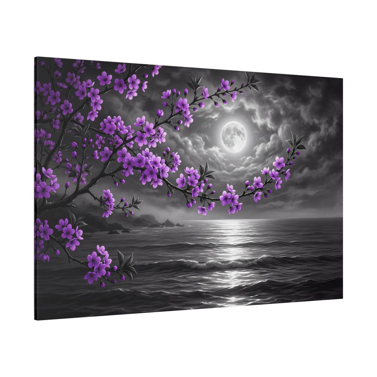 Moonlit Serenity Purple Blossom Ocean Night Canvas Wall Art – Full Moon Coastal Floral Decor - ART OF ROYALS