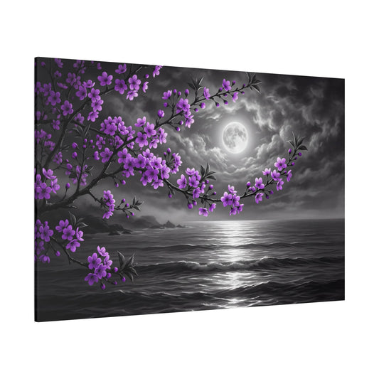 Moonlit Serenity Purple Blossom Ocean Night Canvas Wall Art – Full Moon Coastal Floral Decor - ART OF ROYALS