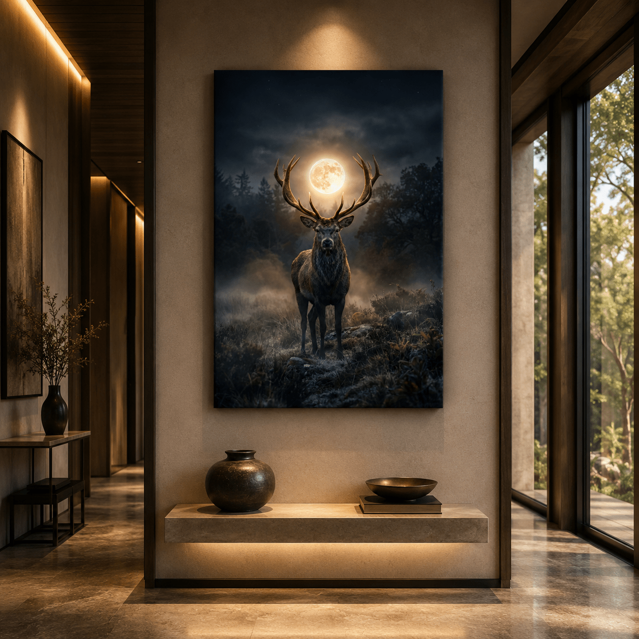 Moonlit stag wildlife canvas print for open concept living room wall decor