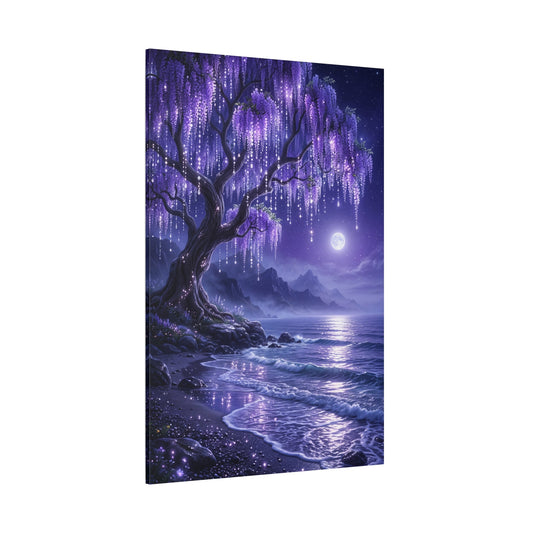 Moonlit Wisteria Coastal Canvas Wall Art – Fantasy Ocean Nightscape Decor for Dreamy Interiors - ART OF ROYALS